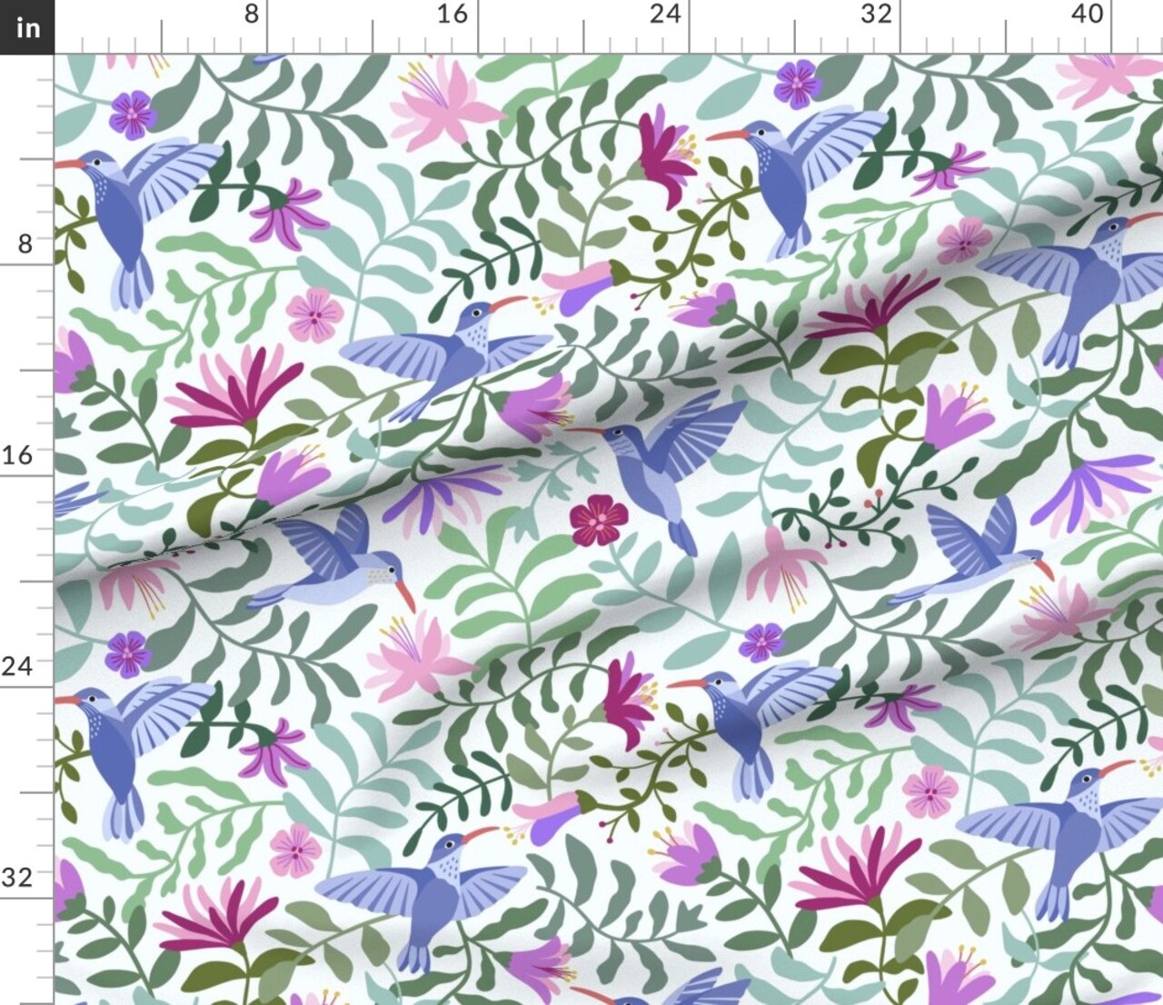 Hummingbird Flower Purple Birds Foliage Green Leaves Garden Large Scale Botanical Blue Bird Cute Animals Spring Summer Custom Printed Fabric by Spoonflower Various Fabrics by the Yard or Fat Quarter